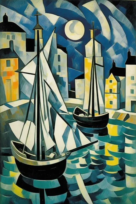 <lora:Lyonel Feininger Style:1>Lyonel Feininger Style - 102632. A painting by Georges Braque. A painting of Stromness Harbour at night captures the mystical atmosphere and historic character of this Scottish harbor in the Orkney Islands through an engaging fusion of Cubist and Fauvist styles. The serene waterfront, lined with fishing boats and illuminated by moonlight, is depicted using bold, fragmented shapes, while the surrounding stone buildings and calm sea are rendered in deep hues of blue, purple, and black. The scene conveys a sense of timeless charm and maritime heritage, reflecting the essence of Stromness Harbour at night.