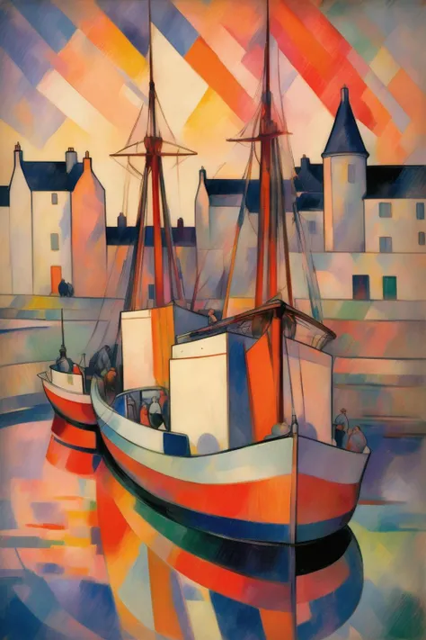 <lora:Lyonel Feininger Style:1>Lyonel Feininger Style - 101931. A painting by Jacques Villon. A painting of Stornoway Harbour at sunset illustrates the dramatic beauty and vital ferry connections of this Scottish harbor on the Isle of Lewis through a captivating blend of Cubist and Fauvist styles. The bustling port, filled with fishing vessels and the ferry terminal, is depicted in fragmented shapes and vibrant colors, while the setting sun casts a warm glow on the surrounding town, harbor, and waters of the Minch. The scene conveys a sense of adventure and natural splendor, reflecting the enduring appeal of Stornoway Harbour at sunset.