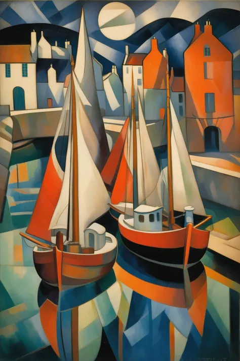 <lora:Lyonel Feininger Style:1>Lyonel Feininger Style - 102340. A painting by Andre Lhote. A painting of Findochty Harbour at night captures the tranquil ambiance and tight-knit community of this Scottish harbor on the Moray Firth through a striking combination of geometric shapes and rich hues. The peaceful harbor, with its moored boats and gently glowing harbor lights, is portrayed in bold, abstract forms, while the surrounding village and dark waters are bathed in subtle shades of blue, purple, and gray. The composition evokes a sense of stillness and maritime tradition, reflecting the unique atmosphere of Findochty Harbour at night.