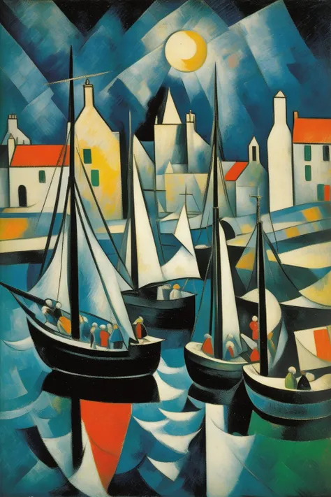 <lora:Lyonel Feininger Style:1>Lyonel Feininger Style - 102441. A painting by Pablo Picasso. A painting of Lerwick Harbour at night illustrates the dynamic activity and historic charm of this Scottish harbor on the Shetland Islands through a captivating blend of Cubist and Fauvist styles. The bustling port, filled with fishing vessels and twinkling harbor lights, is depicted in fragmented shapes and vibrant colors, while the surrounding town, harbor, and dark waters of the North Sea are portrayed in contrasting shades of blue, black, and yellow. The scene conveys a sense of energy and natural splendor, reflecting the enduring appeal of Lerwick Harbour at night.