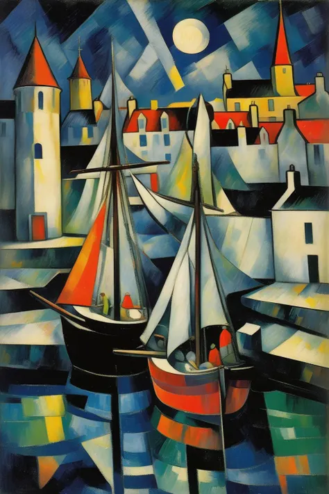 <lora:Lyonel Feininger Style:1>Lyonel Feininger Style - 102541. A painting by Raymond Duchamp-Villon. A painting of Lerwick Harbour at night illustrates the dynamic activity and historic charm of this Scottish harbor on the Shetland Islands through a captivating blend of Cubist and Fauvist styles. The bustling port, filled with fishing vessels and twinkling harbor lights, is depicted in fragmented shapes and vibrant colors, while the surrounding town, harbor, and dark waters of the North Sea are portrayed in contrasting shades of blue, black, and yellow. The scene conveys a sense of energy and natural splendor, reflecting the enduring appeal of Lerwick Harbour at night.