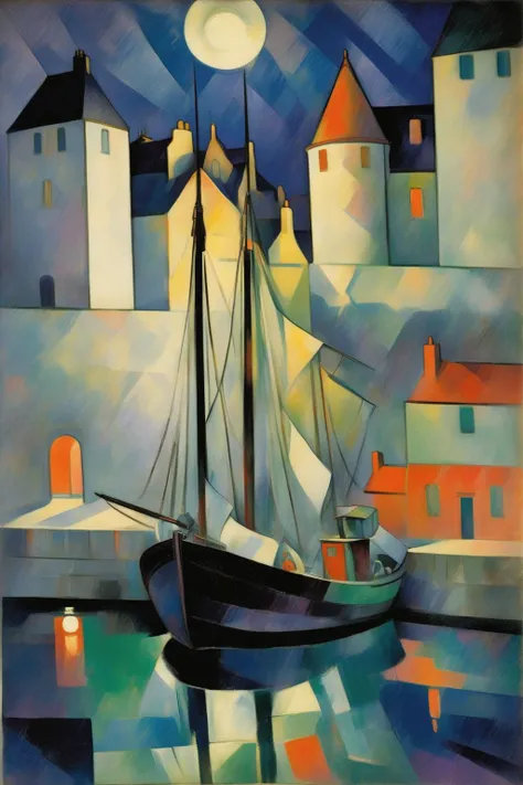 <lora:Lyonel Feininger Style:1>Lyonel Feininger Style - 101932. A painting by Jacques Villon. A painting of Stromness Harbour at night captures the mystical atmosphere and historic character of this Scottish harbor in the Orkney Islands through an engaging fusion of Cubist and Fauvist styles. The serene waterfront, lined with fishing boats and illuminated by moonlight, is depicted using bold, fragmented shapes, while the surrounding stone buildings and calm sea are rendered in deep hues of blue, purple, and black. The scene conveys a sense of timeless charm and maritime heritage, reflecting the essence of Stromness Harbour at night.