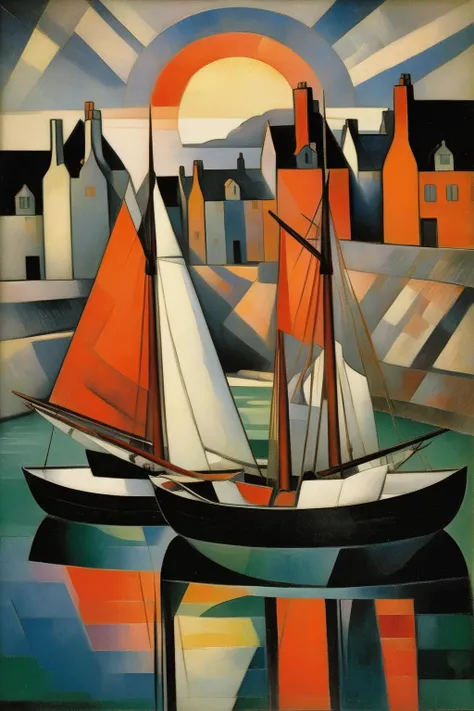 <lora:Lyonel Feininger Style:1>Lyonel Feininger Style - 102530. A painting by Raymond Duchamp-Villon. A painting of Banff Harbour at sunset captures the serene ambiance and captivating beauty of this Scottish harbor on the Moray Firth through a striking combination of geometric shapes and rich hues. The picturesque harbor, with its moored boats and historic stone buildings, is portrayed in bold, abstract forms, while the surrounding beach and bay are bathed in mesmerizing shades of orange, pink, and blue. The composition evokes a sense of tranquility and maritime tradition, reflecting the unique atmosphere of Banff Harbour at sunset.