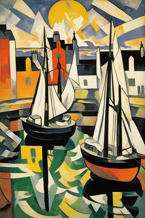 <lora:Lyonel Feininger Style:1>Lyonel Feininger Style - 102631. A painting by Georges Braque. A painting of Stornoway Harbour at sunset illustrates the dramatic beauty and vital ferry connections of this Scottish harbor on the Isle of Lewis through a captivating blend of Cubist and Fauvist styles. The bustling port, filled with fishing vessels and the ferry terminal, is depicted in fragmented shapes and vibrant colors, while the setting sun casts a warm glow on the surrounding town, harbor, and waters of the Minch. The scene conveys a sense of adventure and natural splendor, reflecting the enduring appeal of Stornoway Harbour at sunset.