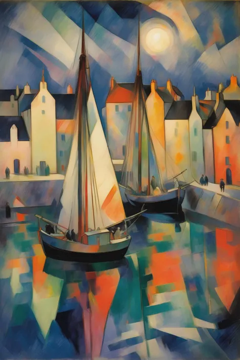 <lora:Lyonel Feininger Style:1>Lyonel Feininger Style - 101941. A painting by Jacques Villon. A painting of Lerwick Harbour at night illustrates the dynamic activity and historic charm of this Scottish harbor on the Shetland Islands through a captivating blend of Cubist and Fauvist styles. The bustling port, filled with fishing vessels and twinkling harbor lights, is depicted in fragmented shapes and vibrant colors, while the surrounding town, harbor, and dark waters of the North Sea are portrayed in contrasting shades of blue, black, and yellow. The scene conveys a sense of energy and natural splendor, reflecting the enduring appeal of Lerwick Harbour at night.