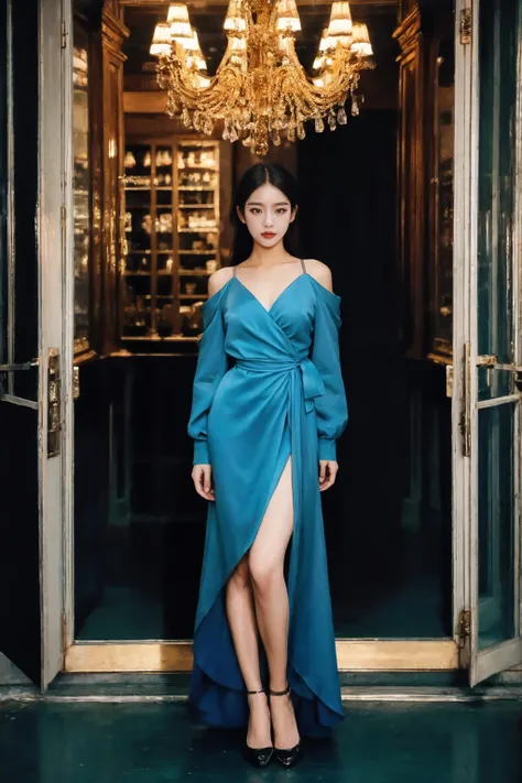 a fashion portrait of a beautiful female model wearing haute couture of Sea Blue, photo by cindy sherman, professional medium format film, sharp focus, fall, night, theater, fantastic scenery, window, sunny, (full body:1.4), <lora:jeee622:0.9>