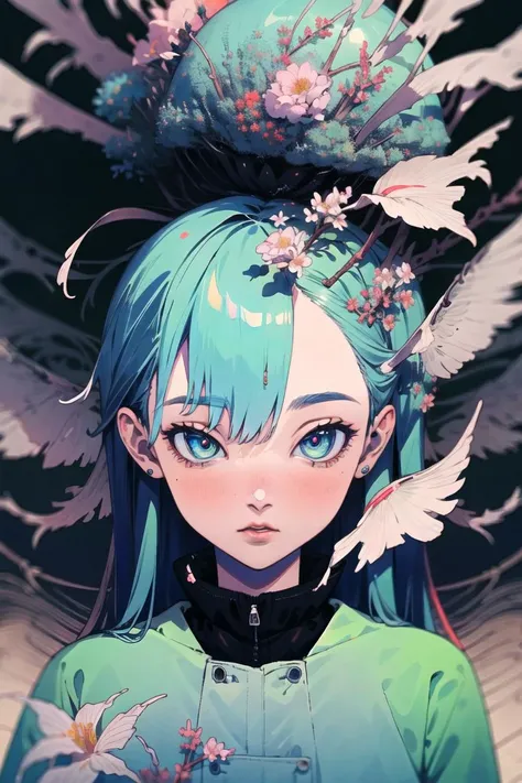 best quality, 4K wallpaper, masterpiece, extremely detailed CG unity 8k wallpaper, extremely detailed eyes, ultra-detailed, intricate details, jppop art style, <lora:japanesepopartstyle:0.8>, 1girl, solo, Kobo, Multicolored hair, long hair, Aqua eyes, lips, Jacket, looking at viewer, flower object, lampion object, full moon, cute, <lora:KoboHolo:0.8>