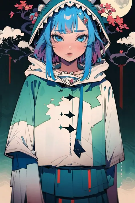 best quality, 4K wallpaper, masterpiece, extremely detailed CG unity 8k wallpaper, extremely detailed eyes, ultra-detailed, intricate details, jppop art style, japanese style, 1girl, Gura, multicolored hair, blue eyes, shark hair ornament, lips, shark tail, shark hair ornament, shark hoodie, looking at viewer, flower object, lampion object, full moon, upper body, <lora:japanesepopartstyle:0.8> <lora:Gura:0.8>