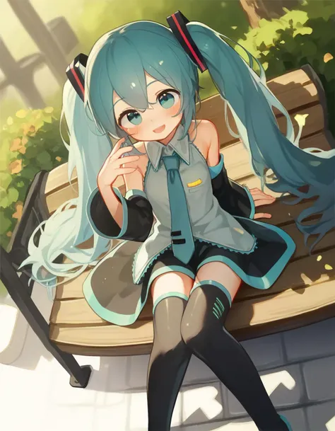 score_9,score_8_up,score_7_up,score_6_up,score_5_up, score_4_up, 1girl sitting on a park bench, dutch angle, smile, blush, open mouth, hatsune miku, detached sleeves, black thighhighs, head tilt, 
 <lora:tianliang_duohe_fangdongye_style_pony6_v2-000068:.9>