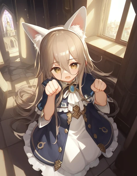 score_9,score_8_up,score_7_up,score_6_up,score_5_up, score_4_up, 1girl on the floor, paw pose, open mouth, fake cat ears, castle, sunlight, window, 
<lora:sense_sousou no frieren_PONY_last:0.6> sense \(sousou no frieren\),brown eyes,very long hair,absurdly long hair,hair between eyes,eyes visible through hair, blue capelet,frilled dress,white long dress
 <lora:tianliang_duohe_fangdongye_style_pony6_v2-000068:.9>