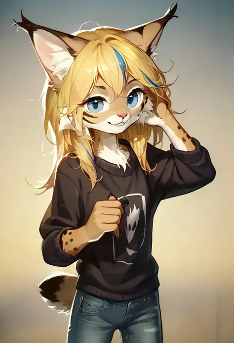 digital_media_(artwork) hi_res, score_9, score_8_up, score_7_up, score_6_up, score_5_up, score_4_up, rating_safe, beautiful, anthro, furry, female, detailed textured fur, fur tufts, fluffy, slim, slender, small breasts, cute, sweater, denim jeans, beautiful blue eyes, smile, solo, SFW, long blonde hair, lynx, multicolored hair, streaked hair,