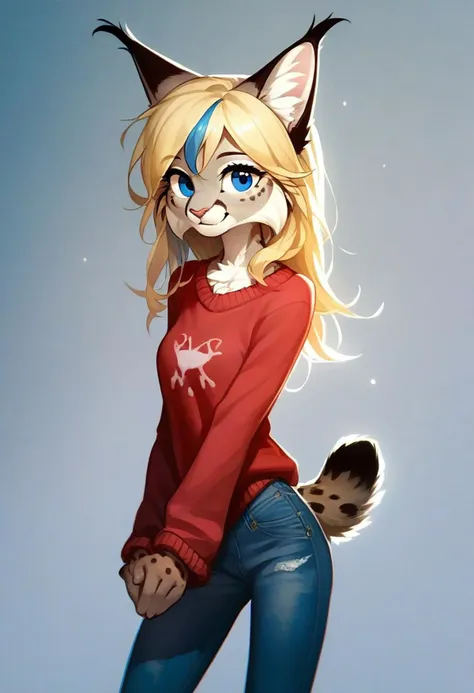 digital_media_(artwork) hi_res, score_9, score_8_up, score_7_up, score_6_up, score_5_up, score_4_up, rating_safe, beautiful, anthro, furry, female, detailed textured fur, fur tufts, fluffy, slim, slender, small breasts, cute, sweater, denim jeans, beautiful blue eyes, smile, solo, SFW, long blonde hair, lynx, multicolored hair, streaked hair,