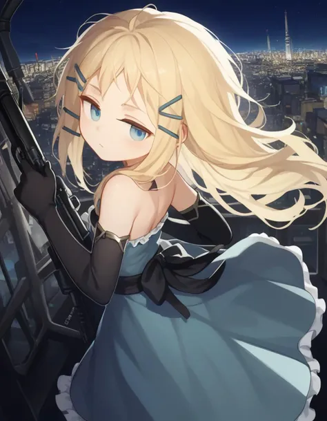 score_9,score_8_up,score_7_up,score_6_up,score_5_up, score_4_up, 1girl,from side, holding white  sniper rifle, half-closed eyes, looking back, night sky, cityscape, wind
 <lora:tina-sprout-s1-ponyxl-lora-nochekaiser:.6> tina sprout, long hair, blonde hair, hair ornament, blue eyes, , gloves, dress, bare shoulders, frills, black gloves, elbow gloves, blue dress, frilled dress
 <lora:tianliang_duohe_fangdongye_style_pony6_v2-000068:.9>