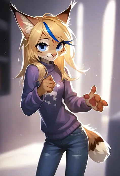 digital_media_(artwork) hi_res, score_9, score_8_up, score_7_up, score_6_up, score_5_up, score_4_up, rating_safe, beautiful, anthro, furry, female, detailed textured fur, fur tufts, fluffy, slim, slender, small breasts, cute, sweater, denim jeans, beautiful blue eyes, smile, solo, SFW, long blonde hair, lynx, multicolored hair, streaked hair,