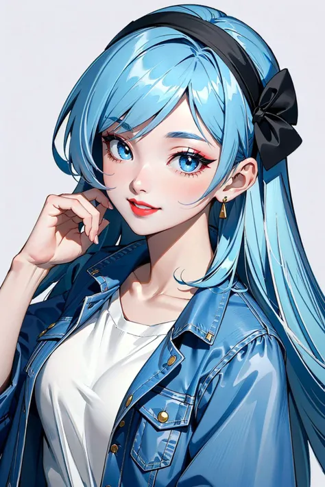 Masterpiece, best quality, modern setting, 1girl, light blue hair, long hair, medium breasts, soft hair, blue eyes, smile, <lora:g31sh4_freckledvixon:0.75>, (g31sh4 makeup:1.2), white colored skin, lipstick, red lips, red eyeliner, upper body portrait, (denim jacket:1.1), tshirt, hair accessory
