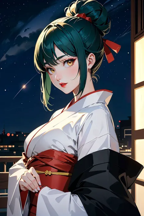Masterpiece, best quality, modern setting, 1girl, long dark green hair, large breasts, soft hair, yellow eyes, hair bun, <lora:g31sh4_freckledvixon:0.75>, g31sh4 makeup, white colored skin, lipstick, red lips, red eyeliner, (black silk kimono:1.1), night sky, stars,