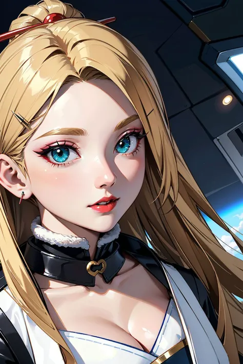 Masterpiece, best quality, scifi setting, 1girl, light blonde hair, long hair, medium breasts, soft hair, green eyes, <lora:g31sh4_freckledvixon:0.75>, (g31sh4 makeup:1.2), white colored skin, lipstick, red lips, red eyeliner, upper body portrait, casual dress, scarf, (hairpin:1.2), fur trim, lights, cleavage, (inside spacecraft:1.1), extreme closeup