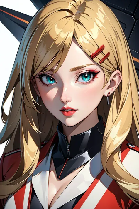 Masterpiece, best quality, scifi setting, 1girl, light blonde hair, long hair, medium breasts, soft hair, green eyes, <lora:g31sh4_freckledvixon:0.75>, (g31sh4 makeup:1.2), white colored skin, lipstick, red lips, red eyeliner, upper body portrait, jacket, uniform, (hairpin:1.2), lights, cleavage, open jacket, (inside spacecraft:1.1), extreme closeup