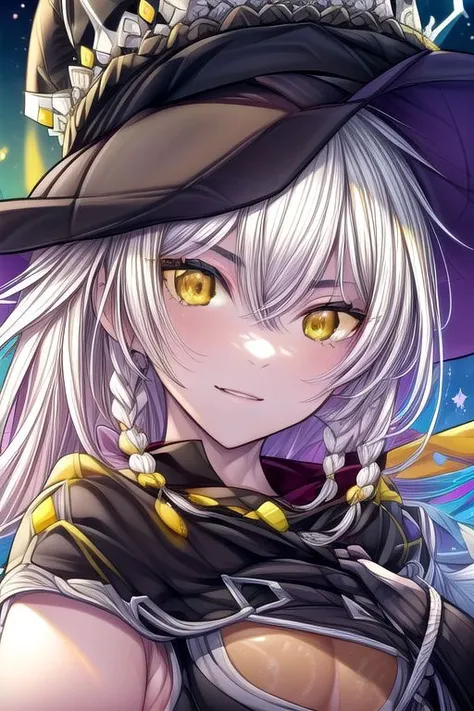 hilda, yellow eyes, long hair, very long hair, braid, twin braids, white hair, hat, leotard, see-through, witch hat, fingerless gloves, jewelry, black gloves, (masterpiece:1.2), best quality, high resolution, unity 8k wallpaper, (illustration:0.8), (beautiful detailed eyes:1.6), extremely detailed face, perfect lighting, extremely detailed CG, (perfect hands, perfect anatomy), (masterpiece:1.1), (best quality:1.1), 1girl, Real light and shadow, 4k, 8k, wallpaper,epic, detail texture, white hair, (yellow eyes:1.5), ((((whitehair:1.35, medium hair)))),intricate eyes,beautiful detailed eyes,symmetrical eyes,big eyes:1.5,(((lustrous skin:1.5,bright skin: 1.5,skin tanned,shiny skin,very shiny skin,shiny body,plastic glitter skin,exaggerated shiny skin,illuminated skin))),(detailed body,(detailed face)), cute, erotic,daring, (dynamic pose:1.0),happy,smile,(centered,scale to fit dimensions,Rule of thirds), highres,sharp focus,(ultra detailed,extremely detailed),(photorealistic artwork:1.37),(extremely detailed CG unity 8k wallpaper),(((vibrant colors,vibrant theme))),(intricate),(masterpiece),(best quality),