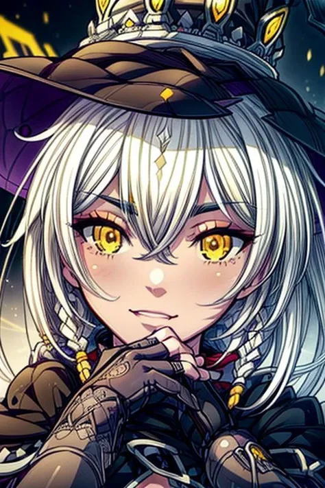 hilda, yellow eyes, long hair, very long hair, braid, twin braids, white hair, hat, leotard, see-through, witch hat, fingerless gloves, jewelry, black gloves, (masterpiece:1.2), best quality, high resolution, unity 8k wallpaper, (illustration:0.8), (beautiful detailed eyes:1.6), extremely detailed face, perfect lighting, extremely detailed CG, (perfect hands, perfect anatomy), (masterpiece:1.1), (best quality:1.1), 1girl, Real light and shadow, 4k, 8k, wallpaper,epic, detail texture, white hair, (yellow eyes:1.5), ((((whitehair:1.35, medium hair)))),intricate eyes,beautiful detailed eyes,symmetrical eyes,big eyes:1.5,(((lustrous skin:1.5,bright skin: 1.5,skin tanned,shiny skin,very shiny skin,shiny body,plastic glitter skin,exaggerated shiny skin,illuminated skin))),(detailed body,(detailed face)), cute, erotic,daring, (dynamic pose:1.0),happy,smile,(centered,scale to fit dimensions,Rule of thirds), highres,sharp focus,(ultra detailed,extremely detailed),(photorealistic artwork:1.37),(extremely detailed CG unity 8k wallpaper),(((vibrant colors,vibrant theme))),(intricate),(masterpiece),(best quality),