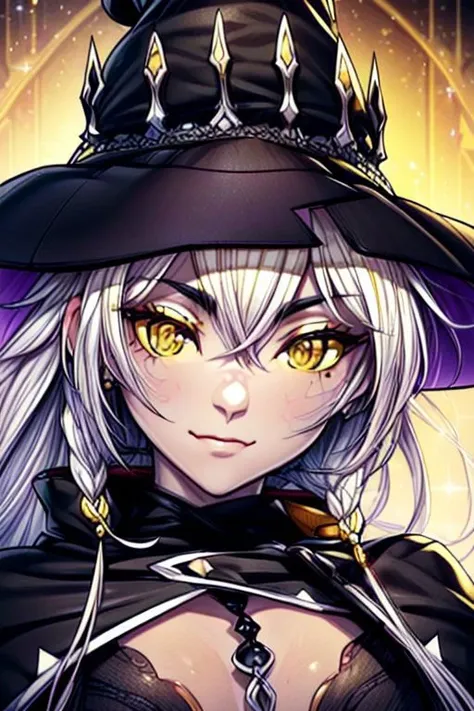 hilda, yellow eyes, long hair, very long hair, braid, twin braids, white hair, hat, leotard, see-through, witch hat, fingerless gloves, jewelry, black gloves, (masterpiece:1.2), best quality, high resolution, unity 8k wallpaper, (illustration:0.8), (beautiful detailed eyes:1.6), extremely detailed face, perfect lighting, extremely detailed CG, (perfect hands, perfect anatomy), (masterpiece:1.1), (best quality:1.1), 1girl, Real light and shadow, 4k, 8k, wallpaper,epic, detail texture, white hair, (yellow eyes:1.5), ((((whitehair:1.35, medium hair)))),intricate eyes,beautiful detailed eyes,symmetrical eyes,big eyes:1.5,(((lustrous skin:1.5,bright skin: 1.5,skin tanned,shiny skin,very shiny skin,shiny body,plastic glitter skin,exaggerated shiny skin,illuminated skin))),(detailed body,(detailed face)), cute, erotic,daring, (dynamic pose:1.0),happy,smile,(centered,scale to fit dimensions,Rule of thirds), highres,sharp focus,(ultra detailed,extremely detailed),(photorealistic artwork:1.37),(extremely detailed CG unity 8k wallpaper),(((vibrant colors,vibrant theme))),(intricate),(masterpiece),(best quality),