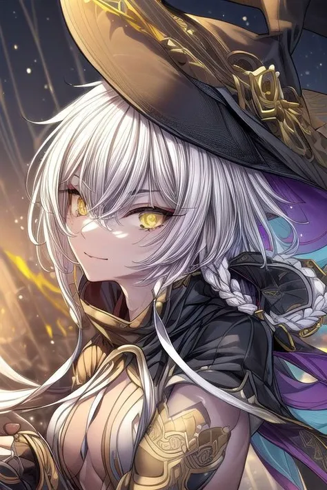 hilda, yellow eyes, long hair, very long hair, braid, twin braids, white hair, hat, witch hat, fingerless gloves, jewelry, black gloves, (masterpiece:1.2), best quality, high resolution, unity 8k wallpaper, (illustration:0.8), (beautiful detailed eyes:1.6), extremely detailed face, perfect lighting, extremely detailed CG, (perfect hands, perfect anatomy), (masterpiece:1.1), (best quality:1.1), 1girl, Real light and shadow, 4k, 8k, wallpaper,epic, detail texture, white hair, (yellow eyes:1.5), ((((whitehair:1.35, medium hair)))),intricate eyes,beautiful detailed eyes,symmetrical eyes,big eyes:1.5,(((lustrous skin:1.5,bright skin: 1.5,skin tanned,shiny skin,very shiny skin,shiny body,plastic glitter skin,exaggerated shiny skin,illuminated skin))),(detailed body,(detailed face)), cute, erotic,daring, (((medieval man armor,adventurer man armor,winter coat))),(((intricate outfit,intricate clothes, ushanka, embroidered outfit,ornate outfit,embroidered clothes,ornate armor))), (dynamic pose:1.0),happy,smile,(centered,scale to fit dimensions,Rule of thirds), highres,sharp focus,(ultra detailed,extremely detailed),(photorealistic artwork:1.37),(extremely detailed CG unity 8k wallpaper),(((vibrant colors,vibrant theme))),(intricate),(masterpiece),(best quality),