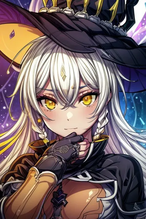 hilda, yellow eyes, long hair, very long hair, braid, twin braids, white hair, hat, leotard, see-through, witch hat, fingerless gloves, jewelry, black gloves, (masterpiece:1.2), best quality, high resolution, unity 8k wallpaper, (illustration:0.8), (beautiful detailed eyes:1.6), extremely detailed face, perfect lighting, extremely detailed CG, (perfect hands, perfect anatomy), (masterpiece:1.1), (best quality:1.1), 1girl, Real light and shadow, 4k, 8k, wallpaper,epic, detail texture, white hair, (yellow eyes:1.5), ((((whitehair:1.35, medium hair)))),intricate eyes,beautiful detailed eyes,symmetrical eyes,big eyes:1.5,(((lustrous skin:1.5,bright skin: 1.5,skin tanned,shiny skin,very shiny skin,shiny body,plastic glitter skin,exaggerated shiny skin,illuminated skin))),(detailed body,(detailed face)), cute, erotic,daring, (dynamic pose:1.0),happy,smile,(centered,scale to fit dimensions,Rule of thirds), highres,sharp focus,(ultra detailed,extremely detailed),(photorealistic artwork:1.37),(extremely detailed CG unity 8k wallpaper),(((vibrant colors,vibrant theme))),(intricate),(masterpiece),(best quality), upper body, full body, cowboy pose