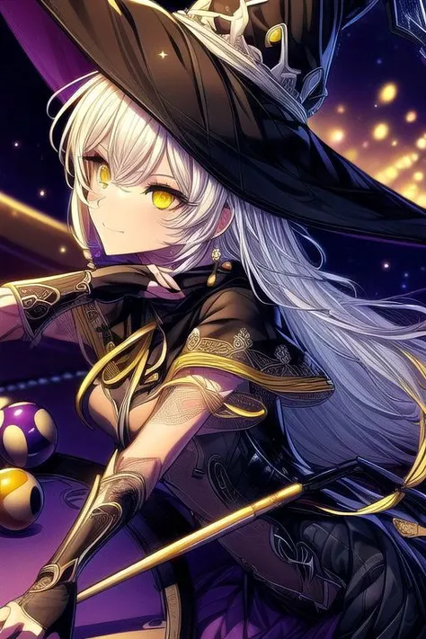 hilda, yellow eyes, long hair, very long hair, braid, twin braids, white hair, hat, leotard, see-through, witch hat, fingerless gloves, jewelry, black gloves, (masterpiece:1.2), best quality, high resolution, unity 8k wallpaper, (illustration:0.8), (beautiful detailed eyes:1.6), extremely detailed face, perfect lighting, extremely detailed CG, (perfect hands, perfect anatomy), (masterpiece:1.1), (best quality:1.1), 1girl, Real light and shadow, 4k, 8k, wallpaper,epic, detail texture, white hair, (yellow eyes:1.5), ((((whitehair:1.35, medium hair)))),intricate eyes,beautiful detailed eyes,symmetrical eyes,big eyes:1.5,(((lustrous skin:1.5,bright skin: 1.5,skin tanned,shiny skin,very shiny skin,shiny body,plastic glitter skin,exaggerated shiny skin,illuminated skin))),(detailed body,(detailed face)), cute, erotic,daring, (dynamic pose:1.0),happy,smile,(centered,scale to fit dimensions,Rule of thirds), highres,sharp focus,(ultra detailed,extremely detailed),(photorealistic artwork:1.37),(extremely detailed CG unity 8k wallpaper),(((vibrant colors,vibrant theme))),(intricate),(masterpiece),(best quality), upper body, full body, lean on table, aim pool ball