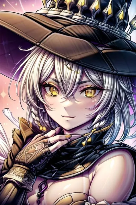 hilda, yellow eyes, long hair, very long hair, braid, twin braids, white hair, hat, leotard, see-through, witch hat, fingerless gloves, jewelry, black gloves, (masterpiece:1.2), best quality, high resolution, unity 8k wallpaper, (illustration:0.8), (beautiful detailed eyes:1.6), extremely detailed face, perfect lighting, extremely detailed CG, (perfect hands, perfect anatomy), (masterpiece:1.1), (best quality:1.1), 1girl, Real light and shadow, 4k, 8k, wallpaper,epic, detail texture, white hair, (yellow eyes:1.5), ((((whitehair:1.35, medium hair)))),intricate eyes,beautiful detailed eyes,symmetrical eyes,big eyes:1.5,(((lustrous skin:1.5,bright skin: 1.5,skin tanned,shiny skin,very shiny skin,shiny body,plastic glitter skin,exaggerated shiny skin,illuminated skin))),(detailed body,(detailed face)), cute, erotic,daring, (dynamic pose:1.0),happy,smile,(centered,scale to fit dimensions,Rule of thirds), highres,sharp focus,(ultra detailed,extremely detailed),(photorealistic artwork:1.37),(extremely detailed CG unity 8k wallpaper),(((vibrant colors,vibrant theme))),(intricate),(masterpiece),(best quality),