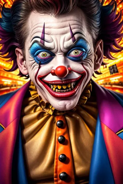 Dynamic radiant close-up photograph of a dystopian cityscape portraying a sadistic Jocker with defined sadistically ecstatic face details, snub nose, and crazy eyes wearing a vivid, intricate clown costume amidst an adrenaline-fueled pursuit scene.