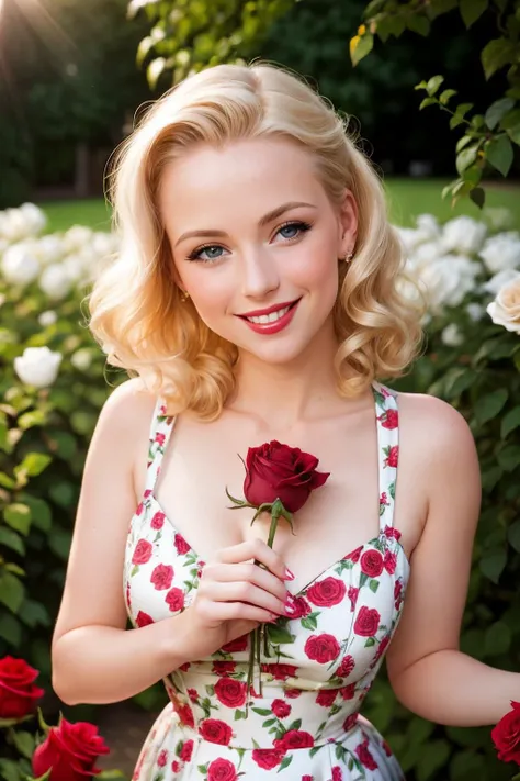 raw Photo of Anna a young blond woman wearing a tight vintage pinup dress smelling a rose, smiling, outside in a garden, full shot, STUDIO LIGHTING, film grain, sharp focus