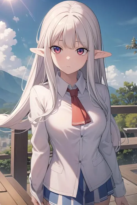 cheong, <lora:cheong manhwa-lora-nochekaiser:1>,
cheong, long hair, bangs, (red eyes:1.2), white hair, pointy ears, curly hair,
BREAK skirt, shirt, thighhighs, jacket, zettai ryouiki, ascot, white skirt, collar, long sleeves, blue shirt,
BREAK outdoors, nature, forest, sky, sun, cloud,
BREAK looking at viewer, (cowboy shot:1.5),
BREAK <lyco:GoodHands-beta2:1>, (masterpiece:1.2), best quality, high resolution, unity 8k wallpaper, (illustration:0.8), (beautiful detailed eyes:1.6), extremely detailed face, perfect lighting, extremely detailed CG, (perfect hands, perfect anatomy),