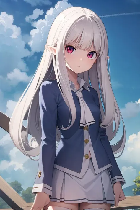 cheong, <lora:cheong-lora-nochekaiser:1>,
cheong, long hair, bangs, (red eyes:1.2), white hair, pointy ears, curly hair,
BREAK skirt, shirt, thighhighs, jacket, zettai ryouiki, ascot, white skirt, collar, long sleeves, blue shirt,
BREAK outdoors, nature, forest, sky, sun, cloud,
BREAK looking at viewer, (cowboy shot:1.5),
BREAK <lyco:GoodHands-beta2:1>, (masterpiece:1.2), best quality, high resolution, unity 8k wallpaper, (illustration:0.8), (beautiful detailed eyes:1.6), extremely detailed face, perfect lighting, extremely detailed CG, (perfect hands, perfect anatomy),