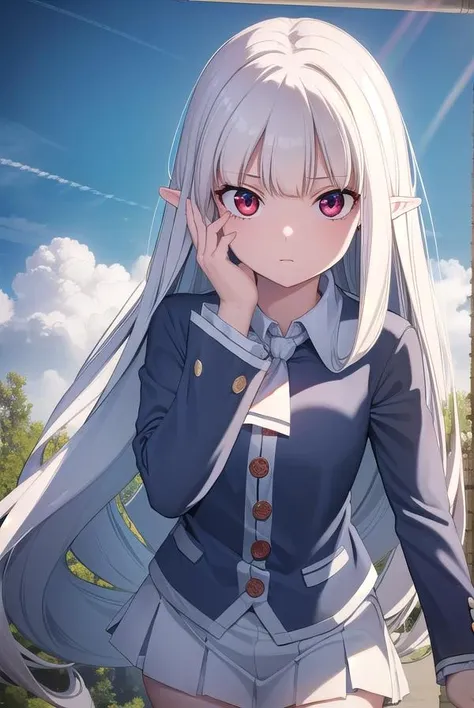 cheong, <lora:cheong-lora-nochekaiser:1>,
cheong, long hair, bangs, (red eyes:1.2), white hair, pointy ears, curly hair,
BREAK skirt, shirt, thighhighs, jacket, zettai ryouiki, ascot, white skirt, collar, long sleeves, blue shirt,
BREAK outdoors, nature, forest, sky, sun, cloud,
BREAK looking at viewer, (cowboy shot:1.5),
BREAK <lyco:GoodHands-beta2:1>, (masterpiece:1.2), best quality, high resolution, unity 8k wallpaper, (illustration:0.8), (beautiful detailed eyes:1.6), extremely detailed face, perfect lighting, extremely detailed CG, (perfect hands, perfect anatomy),