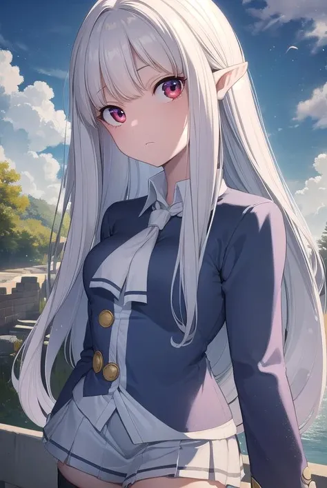 cheong, <lora:cheong-lora-nochekaiser:1>,
cheong, long hair, bangs, (red eyes:1.2), white hair, pointy ears, curly hair,
BREAK skirt, shirt, thighhighs, jacket, zettai ryouiki, ascot, white skirt, collar, long sleeves, blue shirt,
BREAK outdoors, nature, forest, sky, sun, cloud,
BREAK looking at viewer, (cowboy shot:1.5),
BREAK <lyco:GoodHands-beta2:1>, (masterpiece:1.2), best quality, high resolution, unity 8k wallpaper, (illustration:0.8), (beautiful detailed eyes:1.6), extremely detailed face, perfect lighting, extremely detailed CG, (perfect hands, perfect anatomy),