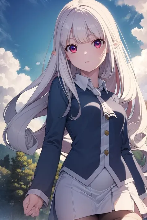 cheong, <lora:cheong-lora-nochekaiser:1>,
cheong, long hair, bangs, (red eyes:1.2), white hair, pointy ears, curly hair,
BREAK skirt, shirt, thighhighs, jacket, zettai ryouiki, ascot, white skirt, collar, long sleeves, blue shirt,
BREAK outdoors, nature, forest, sky, sun, cloud,
BREAK looking at viewer, (cowboy shot:1.5),
BREAK <lyco:GoodHands-beta2:1>, (masterpiece:1.2), best quality, high resolution, unity 8k wallpaper, (illustration:0.8), (beautiful detailed eyes:1.6), extremely detailed face, perfect lighting, extremely detailed CG, (perfect hands, perfect anatomy),