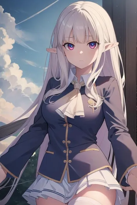 cheong, <lora:cheong manhwa-lora-nochekaiser:1>,
cheong, long hair, bangs, (red eyes:1.2), white hair, pointy ears, curly hair,
BREAK skirt, shirt, thighhighs, jacket, zettai ryouiki, ascot, white skirt, collar, long sleeves, blue shirt,
BREAK outdoors, nature, forest, sky, sun, cloud,
BREAK looking at viewer, (cowboy shot:1.5),
BREAK <lyco:GoodHands-beta2:1>, (masterpiece:1.2), best quality, high resolution, unity 8k wallpaper, (illustration:0.8), (beautiful detailed eyes:1.6), extremely detailed face, perfect lighting, extremely detailed CG, (perfect hands, perfect anatomy),
