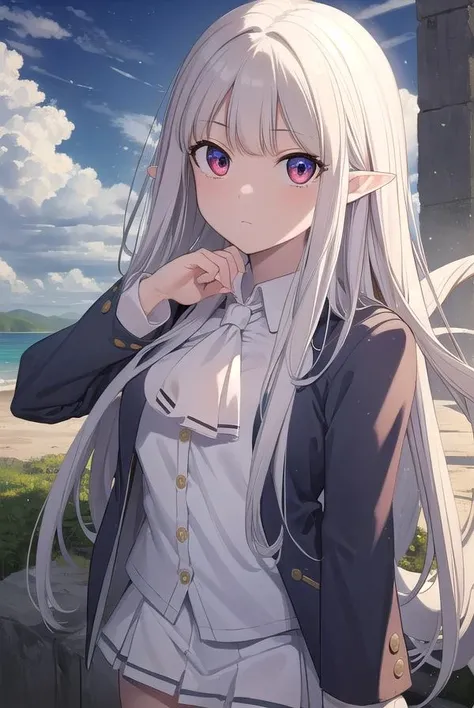 cheong, <lora:cheong manhwa-lora-nochekaiser:1>,
cheong, long hair, bangs, (red eyes:1.2), white hair, pointy ears, curly hair,
BREAK skirt, shirt, thighhighs, jacket, zettai ryouiki, ascot, white skirt, collar, long sleeves, blue shirt,
BREAK outdoors, nature, forest, sky, sun, cloud,
BREAK looking at viewer, (cowboy shot:1.5),
BREAK <lyco:GoodHands-beta2:1>, (masterpiece:1.2), best quality, high resolution, unity 8k wallpaper, (illustration:0.8), (beautiful detailed eyes:1.6), extremely detailed face, perfect lighting, extremely detailed CG, (perfect hands, perfect anatomy),