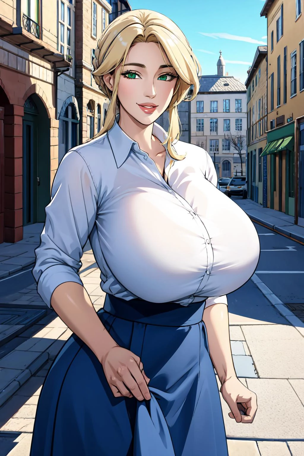 ((masterpiece)), ((best quality)), (ultra-detailed), absurdres, extremely detailed CG unity 8k wallpaper, Official Art, beautiful face, detailed hands, expressive eyes, upper body, close up, solo, (street, scenery, illustration, dramatic lighting:1.1), (standing, seductive smile, parted lips:1.2), (1girl, mature female, narrow waist, huge breasts, wide hips, sharp eyelashes, french braid, blonde hair, green eyes:1.4), (artoria lancer, collared shirt, long skirt, blue skirt:1.3), ((masterpiece)), , absurdres, HDR <lora:Artoria_Lancer_FGO:0.8>