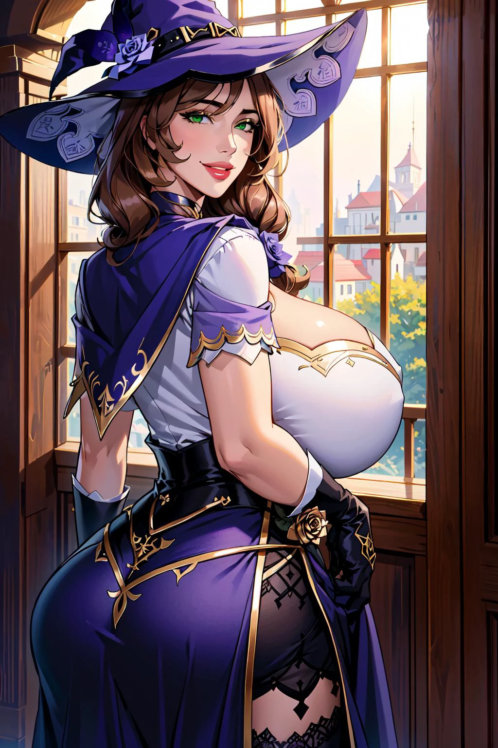 ((masterpiece)), ((best quality)), (ultra-detailed), absurdres, extremely detailed CG unity 8k wallpaper, Official Art, beautiful face, detailed hands, expressive eyes, upper body, close up, solo, from behind, (indoors, scenery, illustration, dramatic lighting:1.1), (standing, seductive smile, parted lips:1.2), (1girl, mature female, milf, motherly, narrow waist, huge breasts, wide hips, sharp eyelashes, lips, brown hair, ,long hair, green eyes, huge ass:1.4), (gloves,witch hat, hat flower, vision (genshin impact), thighhighs, flower, cleavage,black thighhighs, purple rose, multicolored dress, pelvic curtain, jewelry, purple dresscapelet, multicolored clothes, purple capelet:1.3), ((masterpiece)), , absurdres, HDR <lora:Lisa:0.8>