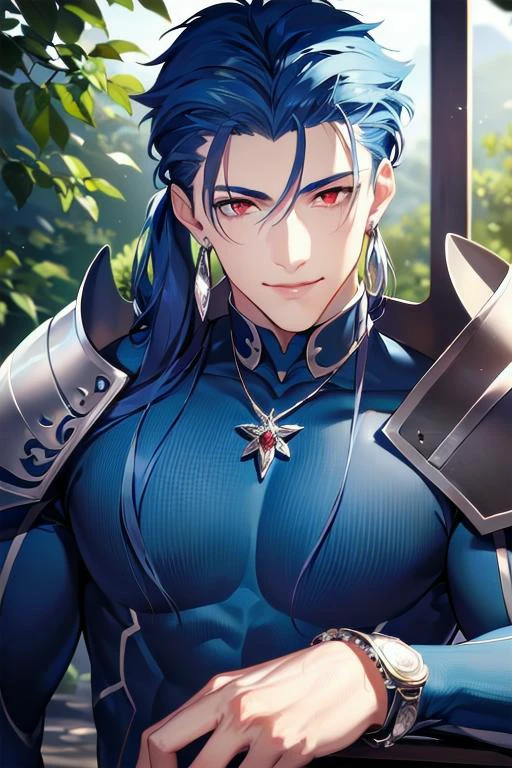 ((masterpiece)), ((best quality)), (ultra-detailed), absurdres, extremely detailed CG unity 8k wallpaper, Official Art, Accurate describe shapes, beautiful face, detailed hands, expressive eyes, upper body, looking at viewer, solo, (realistic), close-up, (standing, arm at side, smile:1.2), (forest, scenery, illustration, dramatic light:1.1) (1boy, muscualr male, blue hair, long hair, low ponytail, red eyes:1.4), (blue bodysuit, bracelet, earrings, jewelry, necklace, shoulder armor:1.3), cu chulainn \(fate\), ,((masterpiece)), absurdres, HDR, <lora:Cu Chulainn - Lancer - Fate Series:0.7> <lora:epi_noiseoffset2:0.7> <lyco:GoodHands-beta2:1>