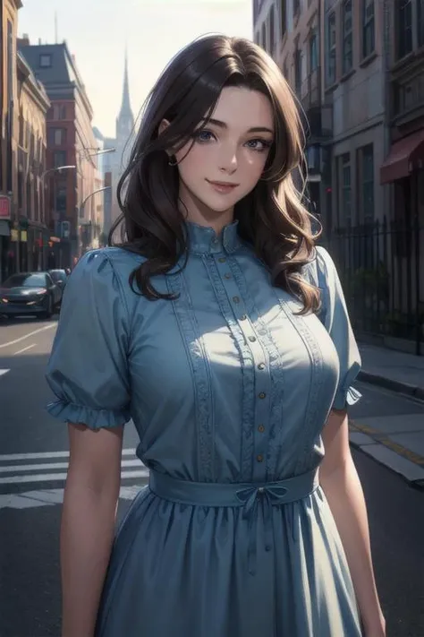 ((masterpiece)), ((best quality)), (ultra-detailed), absurdres, extremely detailed CG unity 8k wallpaper, Official Art, (realistic), [beautiful face, detailed hands, expressive eyes:0.5], upper body, [close up:0.5], solo, scenery, illustration, dramatic lighting, standing, smile, 1girl, young lady, contemporary, city, outdoors, casual dress, ((masterpiece)), , absurdres, HDR