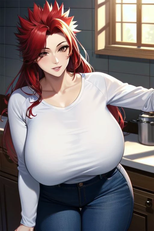 ((masterpiece)), ((best quality)), (ultra-detailed), absurdres, extremely detailed CG unity 8k wallpaper, Official Art, (realistic), beautiful face, detailed hands, expressive eyes, upper body, close up, solo, (kitchen, scenery, illustration, dramatic lighting:1.1), (standing, arm at side, seductive smile, parted lips:1.2), (1girl, mature female, milf, motherly, wide hips, narrow waist, huge breasts, older, red hair, brown eyes, long hair, spiked hair:1.4), (shirou emiya, blue pants, collarbone, pants, shirt, long sleeves, white shirt, raglan sleeves, :1.3), ((masterpiece)), , absurdres, HDR, <lora:GoodHands-beta2:1>