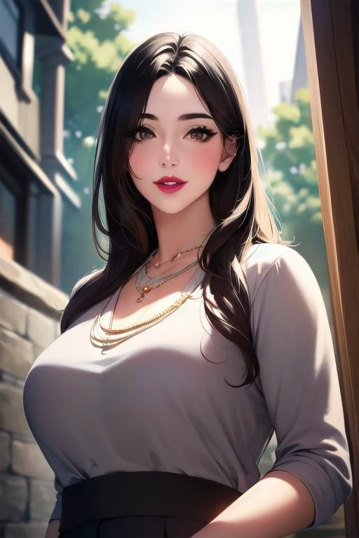 ((masterpiece)), ((best quality)), (ultra-detailed), absurdres, extremely detailed CG unity 8k wallpaper, Official Art, beautiful face, detailed hands, expressive eyes, upper body, close up, solo, (street, scenery, illustration, dramatic lighting:1.1), (standing, arm at side, seductive smile, parted lips:1.2), (1girl, mature female, milf, motherly, sharp eyelashes, lips:1.4), (necklace, jewelry:1.3), ((masterpiece)), , absurdres, HDR <lora:MatureFemaleLoCon2:0.7> <lora:GoodHands-vanilla:1>