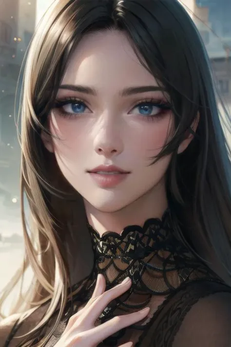 ((masterpiece)), ((best quality)), (ultra-detailed), absurdres, extremely detailed CG unity 8k wallpaper, Official Art, (realistic), beautiful face, detailed hands, expressive eyes, upper body, close up, solo, scenery, illustration, dramatic lighting, standing, smile, 1girl, sharp eyelashes, lips, dress ((masterpiece)), , absurdres, HDR