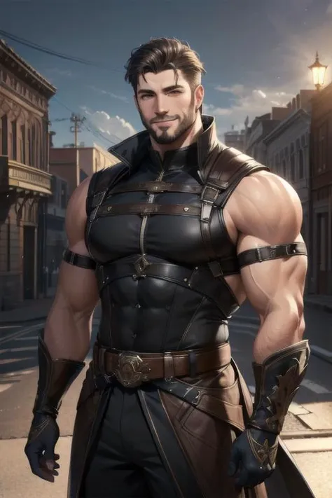 Fine composition, super detailed, best quality, steampunk, cinematic light, (beautiful detailed background: 1.2), (street side: 1.2), London, crowd, ((detailed facial features)), rugged handsome, male focus , muscular, pectoral muscles, chest hair, beard, big boobs, thighs, thick thighs, holster, navel, navel, beard, pecs, detailed eyes, from the following 1man, short hair, tough guy, stubble, brown hair, blue eyes, Mature male, strong body, (topless), masculine, muscular, solo, bruises, military uniform, bulge, belt, cage, birdcage,