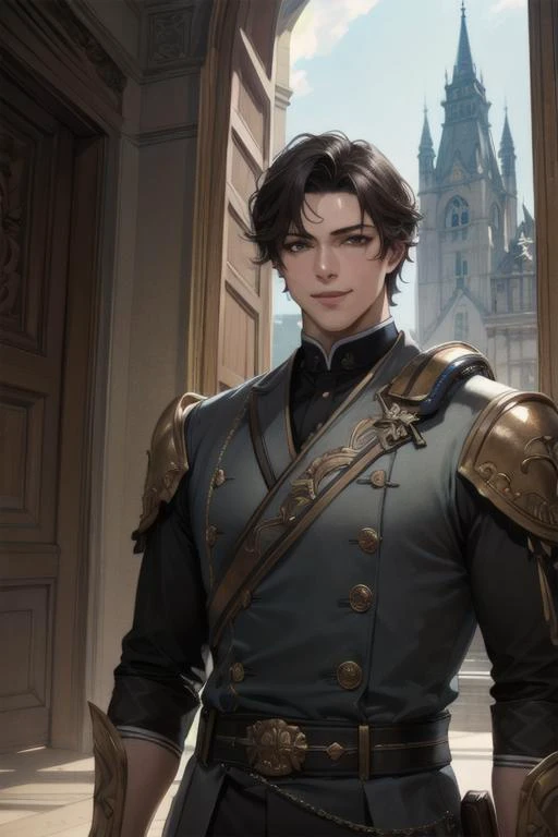 ((masterpiece)), ((best quality)), (ultra-detailed), absurdres, extremely detailed CG unity 8k wallpaper, Official Art, (realistic), [beautiful face, detailed hands, expressive eyes:0.5], upper body, [close up:0.5], solo, scenery, illustration, dramatic lighting, standing, smile, 1boy, bishounen, ((masterpiece)), , absurdres, HDR