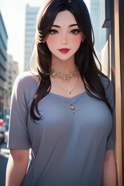 A woman with long black hair and a necklace standing in front of a ...