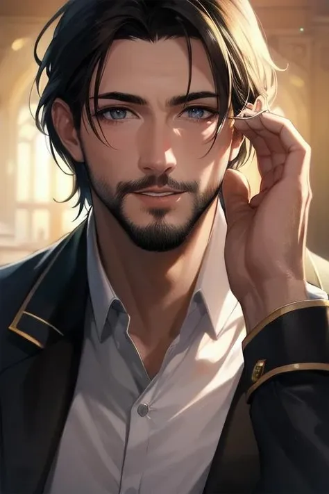 ((masterpiece)),  ((best quality)),  (ultra-detailed),  absurdres,  extremely detailed CG unity 8k wallpaper,  Official Art, [expressive eyes,  beautiful face:0.5],  detailed hands,    upper body,  close up,  solo,  scenery,  illustration,  dramatic lighting,  standing,  arm at side,  seductive smile,  parted lips,  1boy, mature male, facial hair,  ((masterpiece)),  , absurdres,  HDR, <lora:GoodHands-beta2:1>