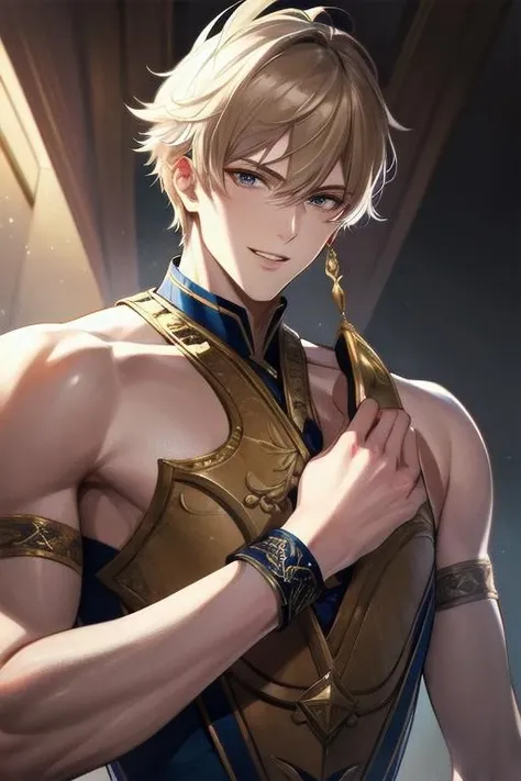 ((masterpiece)),  ((best quality)),  (ultra-detailed),  absurdres,  extremely detailed CG unity 8k wallpaper,  Official Art, [expressive eyes,  beautiful face:0.5],  detailed hands,    upper body,  close up,  solo,  scenery,  illustration,  dramatic lighting,  standing,  arm at side,  seductive smile,  parted lips,  1boy, bishounen,  ((masterpiece)),  , absurdres,  HDR, <lora:GoodHands-beta2:1>